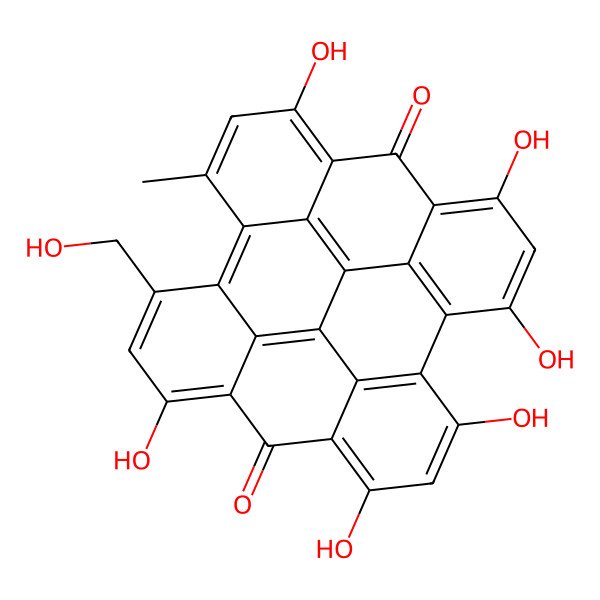 2D Structure of 5,7,11,18,22,24-hexahydroxy-13-(hydroxymethyl)-16-methyloctacyclo[13.11.1.12,10.03,8.04,25.019,27.021,26.014,28]octacosa-1(27),2(28),3,5,7,10,12,14,16,18,21,23,25-tridecaene-9,20-dione