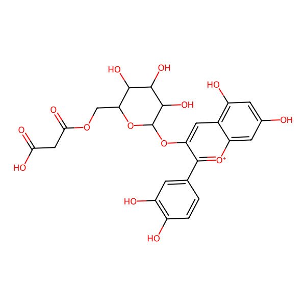 2D Structure of 3-[[(2S,3R,4R,5S,6R)-6-[2-(3,4-dihydroxyphenyl)-5,7-dihydroxychromenylium-3-yl]oxy-3,4,5-trihydroxyoxan-2-yl]methoxy]-3-oxopropanoic acid