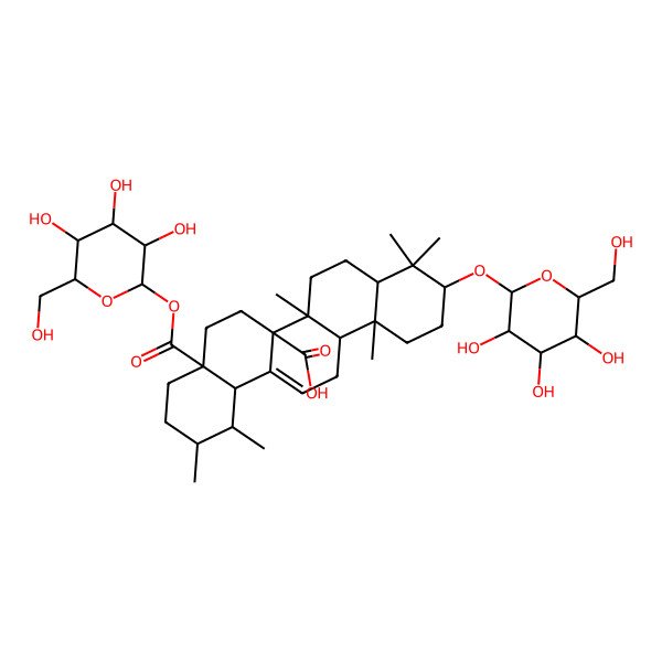 2D Structure of (1S,2R,4aS,6aR,6bR,8aR,10S,12aR,12bR,14bS)-1,2,6b,9,9,12a-hexamethyl-10-((2R,3R,4S,5S,6R)-3,4,5-trihydroxy-6-(hydroxymethyl)tetrahydro-2H-pyran-2-yloxy)-4a-(((2S,3R,4S,5S,6R)-3,4,5-trihydroxy-6-(hydroxymethyl)tetrahydro-2H-pyran-2-yloxy)carbonyl)-1,2,3,4,4a,5,6,6a,6b,7,8,8a,9,10,11,12,12a,12b,13,14b-icosahydropicene-6a-carboxylic acid