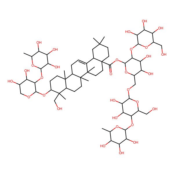 2D Structure of [(2S,3R,4S,5S,6R)-6-[[(2R,3R,4R,5S,6R)-3,4-dihydroxy-6-(hydroxymethyl)-5-[(2S,3R,4R,5R,6S)-3,4,5-trihydroxy-6-methyloxan-2-yl]oxyoxan-2-yl]oxymethyl]-4,5-dihydroxy-3-[(2S,3R,4S,5S,6R)-3,4,5-trihydroxy-6-(hydroxymethyl)oxan-2-yl]oxyoxan-2-yl] (4aS,6aR,6aS,6bR,8aR,9R,10S,12aR,14bS)-10-[(2S,3R,4S,5S)-4,5-dihydroxy-3-[(2S,3R,4R,5R,6S)-3,4,5-trihydroxy-6-methyloxan-2-yl]oxyoxan-2-yl]oxy-9-(hydroxymethyl)-2,2,6a,6b,9,12a-hexamethyl-1,3,4,5,6,6a,7,8,8a,10,11,12,13,14b-tetradecahydropicene-4a-carboxylate