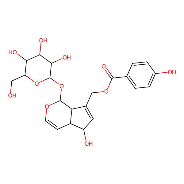 2D Structure of [(1S,4aS,5R,7aR)-5-hydroxy-1-[(3R,4S,5S,6R)-3,4,5-trihydroxy-6-(hydroxymethyl)oxan-2-yl]oxy-1,4a,5,7a-tetrahydrocyclopenta[c]pyran-7-yl]methyl 4-hydroxybenzoate