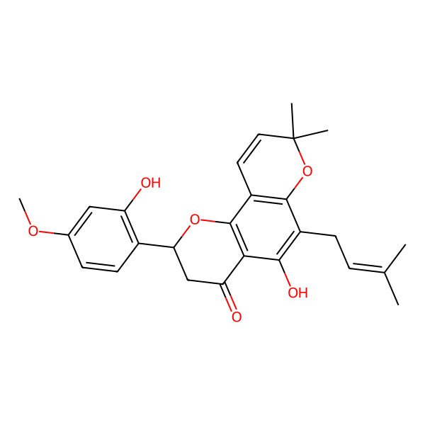 2D Structure of (2S)-5-hydroxy-2-(2-hydroxy-4-methoxyphenyl)-8,8-dimethyl-6-(3-methylbut-2-enyl)-2,3-dihydropyrano[2,3-h]chromen-4-one