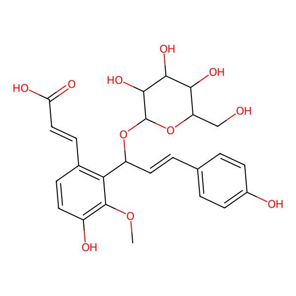 2D Structure of (Z)-3-[4-hydroxy-2-[(E)-3-(4-hydroxyphenyl)-1-[(2R,3R,4S,5S,6R)-3,4,5-trihydroxy-6-(hydroxymethyl)oxan-2-yl]oxyprop-2-enyl]-3-methoxyphenyl]prop-2-enoic acid