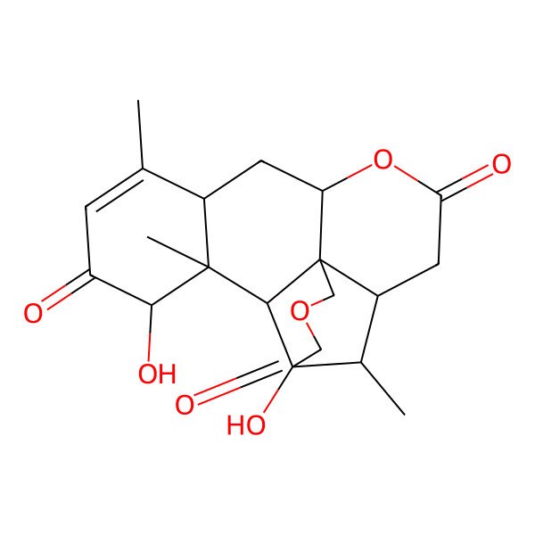2D Structure of (1S,5R,6R,7S,11R,13S,17S,18S,19R)-5,17-dihydroxy-6,14,18-trimethyl-3,10-dioxapentacyclo[9.8.0.01,7.05,19.013,18]nonadec-14-ene-4,9,16-trione