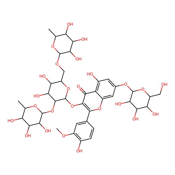 2D Structure of 2-(3-Methoxy-4-hydroxyphenyl)-3-[2-O,6-O-bis(alpha-L-rhamnopyranosyl)-beta-D-glucopyranosyloxy]-5-hydroxy-7-(beta-D-glucopyranosyloxy)-4H-1-benzopyran-4-one
