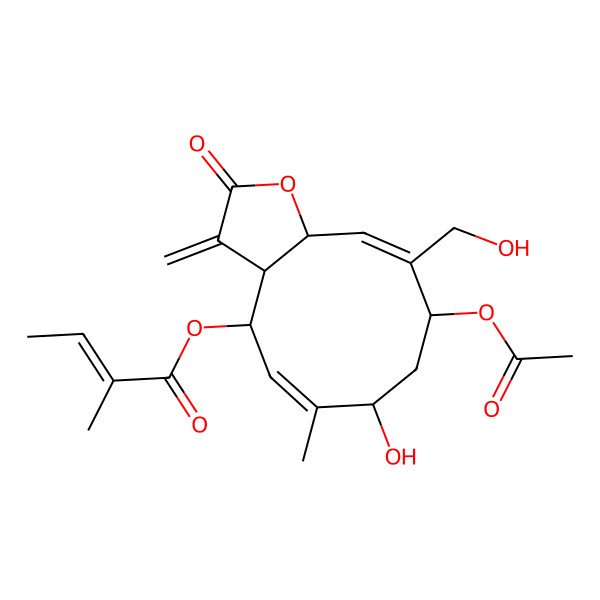 2D Structure of [(3aR,4R,5Z,7S,9S,10Z,11aR)-9-acetyloxy-7-hydroxy-10-(hydroxymethyl)-6-methyl-3-methylidene-2-oxo-3a,4,7,8,9,11a-hexahydrocyclodeca[b]furan-4-yl] (E)-2-methylbut-2-enoate