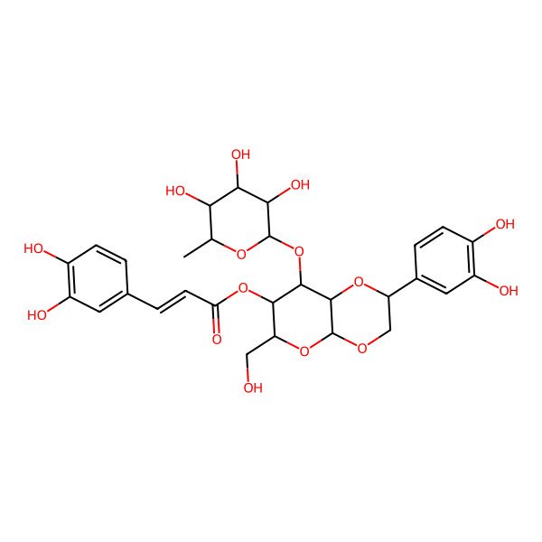 2D Structure of [(6R,7R,8S)-2-(3,4-dihydroxyphenyl)-6-(hydroxymethyl)-8-[(2S,3R,4R,5R,6S)-3,4,5-trihydroxy-6-methyloxan-2-yl]oxy-3,4a,6,7,8,8a-hexahydro-2H-pyrano[2,3-b][1,4]dioxin-7-yl] (E)-3-(3,4-dihydroxyphenyl)prop-2-enoate
