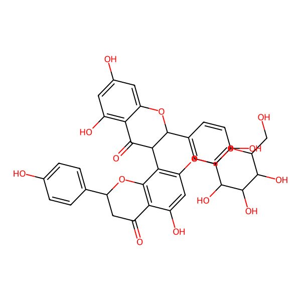 2D Structure of (2S,3R)-5,7-dihydroxy-3-[(2S)-5-hydroxy-2-(4-hydroxyphenyl)-4-oxo-7-[(2S,3R,4S,5S,6R)-3,4,5-trihydroxy-6-(hydroxymethyl)tetrahydropyran-2-yl]oxy-chroman-8-yl]-2-(4-hydroxyphenyl)chroman-4-one