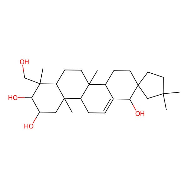 2D Structure of (1S,2R,4aS,4bR,6aR,7R,8R,9R,10aR,10bS)-7-(hydroxymethyl)-1',1',4b,7,10a-pentamethylspiro[1,3,4,4a,5,6,6a,8,9,10,10b,11-dodecahydrochrysene-2,3'-cyclopentane]-1,8,9-triol