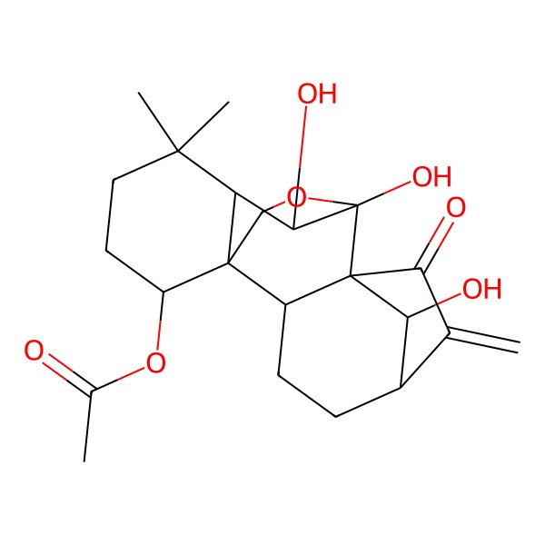 2D Structure of [(1S,2S,5R,8R,9S,10S,11R,15S,18R)-9,10,18-trihydroxy-12,12-dimethyl-6-methylidene-7-oxo-17-oxapentacyclo[7.6.2.15,8.01,11.02,8]octadecan-15-yl] acetate