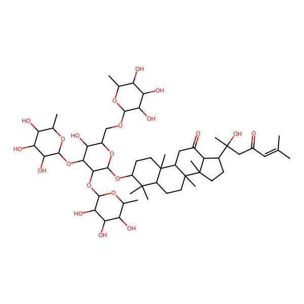 2D Structure of 3-[(2R,3R,4R,5R,6R)-5-hydroxy-3,4-bis[[(2S,3R,4R,5S,6S)-3,4,5-trihydroxy-6-methyloxan-2-yl]oxy]-6-[[(2R,3R,4R,5R,6S)-3,4,5-trihydroxy-6-methyloxan-2-yl]oxymethyl]oxan-2-yl]oxy-17-(2-hydroxy-6-methyl-4-oxohept-5-en-2-yl)-4,4,8,10,14-pentamethyl-1,2,3,5,6,7,9,11,13,15,16,17-dodecahydrocyclopenta[a]phenanthren-12-one