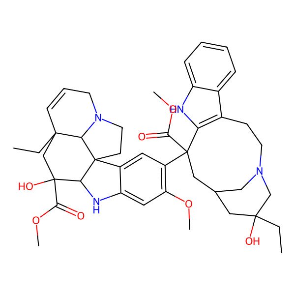 2D Structure of methyl (9R,10R)-12-ethyl-4-[(13S)-17-ethyl-17-hydroxy-13-methoxycarbonyl-1,11-diazatetracyclo[13.3.1.04,12.05,10]nonadeca-4(12),5,7,9-tetraen-13-yl]-10-hydroxy-5-methoxy-8,16-diazapentacyclo[10.6.1.01,9.02,7.016,19]nonadeca-2,4,6,13-tetraene-10-carboxylate