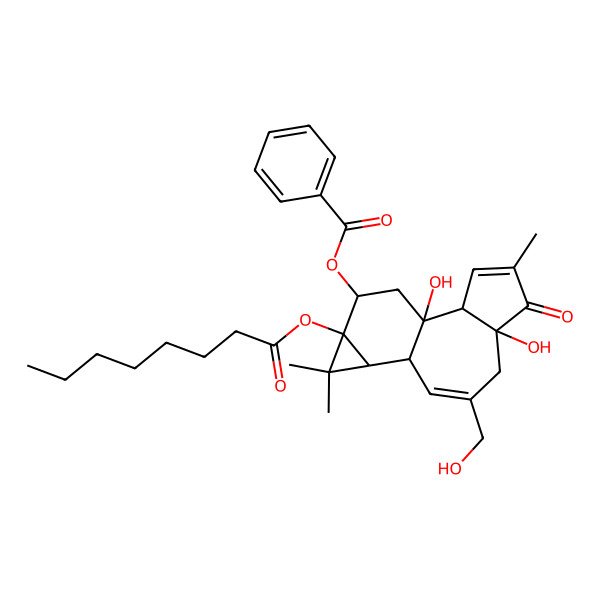 2D Structure of [(1R,2S,6R,10S,11R,13S,14R)-1,6-dihydroxy-8-(hydroxymethyl)-4,12,12-trimethyl-13-octanoyloxy-5-oxo-14-tetracyclo[8.5.0.02,6.011,13]pentadeca-3,8-dienyl] benzoate