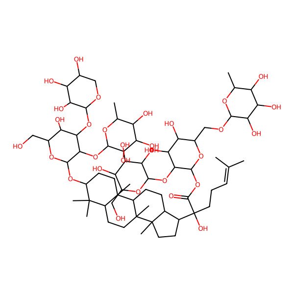 2D Structure of (20S)-3beta-[2-O-(alpha-L-Rhamnopyranosyl)-3-O-(beta-D-xylopyranosyl)-beta-D-glucopyranosyloxy]-20-hydroxydammara-24-ene-21-oic acid 2-O-(beta-D-glucopyranosyl)-6-O-(alpha-L-rhamnopyranosyl)-beta-D-glucopyranosyl ester