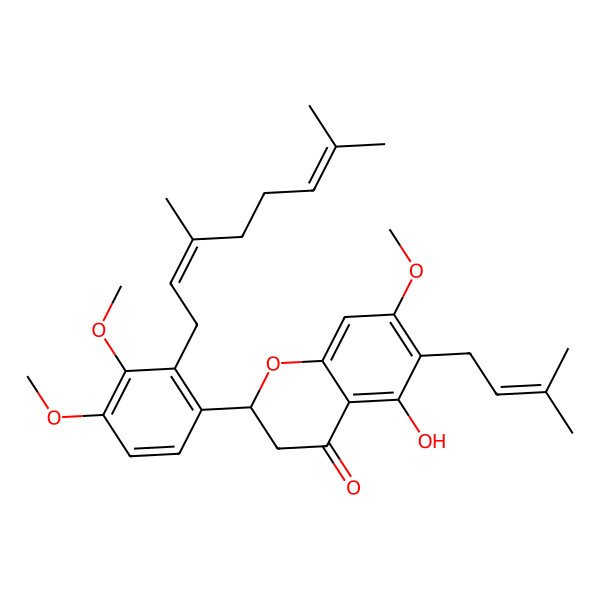 2D Structure of (2S)-2-[2-[(2E)-3,7-dimethylocta-2,6-dienyl]-3,4-dimethoxyphenyl]-5-hydroxy-7-methoxy-6-(3-methylbut-2-enyl)-2,3-dihydrochromen-4-one