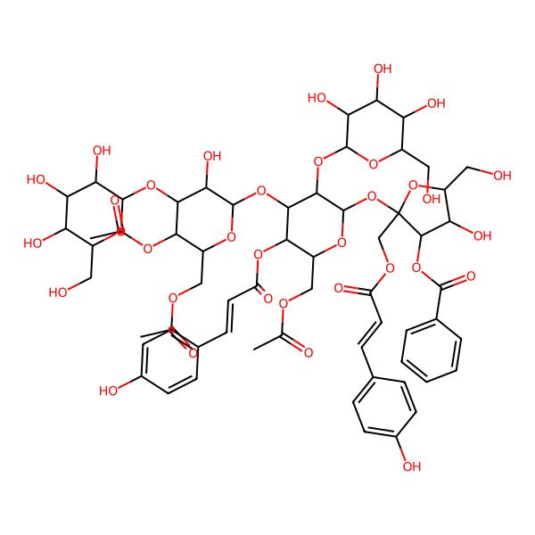 2D Structure of [(2S,3S,4R,5R)-2-[(2R,3R,4S,5R,6R)-4-[(2S,3R,4R,5R,6R)-5-acetyloxy-6-(acetyloxymethyl)-3-hydroxy-4-[(2S,3R,4S,5S,6R)-3,4,5-trihydroxy-6-(hydroxymethyl)oxan-2-yl]oxyoxan-2-yl]oxy-6-(acetyloxymethyl)-5-[(E)-3-(4-hydroxyphenyl)prop-2-enoyl]oxy-3-[(2S,3R,4S,5S,6R)-3,4,5-trihydroxy-6-(hydroxymethyl)oxan-2-yl]oxyoxan-2-yl]oxy-4-hydroxy-5-(hydroxymethyl)-2-[[(E)-3-(4-hydroxyphenyl)prop-2-enoyl]oxymethyl]oxolan-3-yl] benzoate