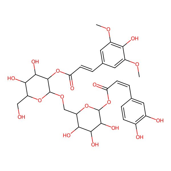 2D Structure of (E)-3,4-Dihydroxycinnamoyl 6-O-[2-O-[(E)-3,5-dimethoxy-4-hydroxycinnamoyl]-beta-D-glucopyranosyl]-beta-D-glucopyranoside