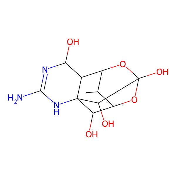 2D Structure of (1R,5R,6R,7S,9S,11R,12S,13S,14R)-3-amino-14-methyl-8,10-dioxa-2,4-diazatetracyclo[7.3.1.17,11.01,6]tetradec-3-ene-5,9,12,13-tetrol