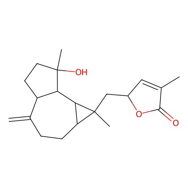2D Structure of (2S)-2-[[(1S,1aR,4aR,7S,7aS,7bR)-7-hydroxy-1,7-dimethyl-4-methylidene-1a,2,3,4a,5,6,7a,7b-octahydrocyclopropa[e]azulen-1-yl]methyl]-4-methyl-2H-furan-5-one