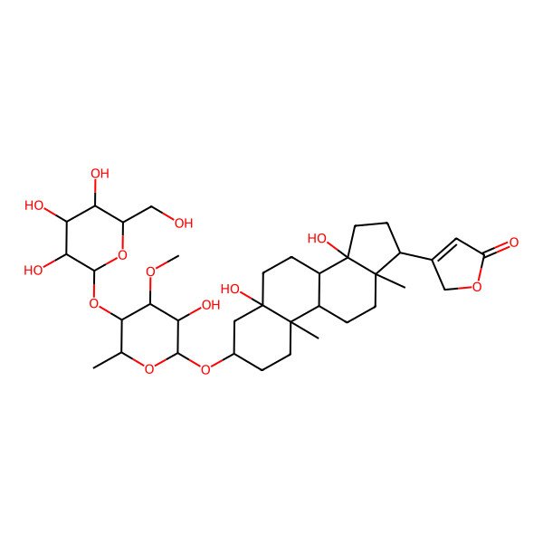 2D Structure of 3-[(3S,5S,8R,9S,10R,13R,14S,17R)-5,14-dihydroxy-3-[(2R,3R,4R,5R,6R)-3-hydroxy-4-methoxy-6-methyl-5-[(2S,3R,4S,5S,6R)-3,4,5-trihydroxy-6-(hydroxymethyl)oxan-2-yl]oxyoxan-2-yl]oxy-10,13-dimethyl-2,3,4,6,7,8,9,11,12,15,16,17-dodecahydro-1H-cyclopenta[a]phenanthren-17-yl]-2H-furan-5-one