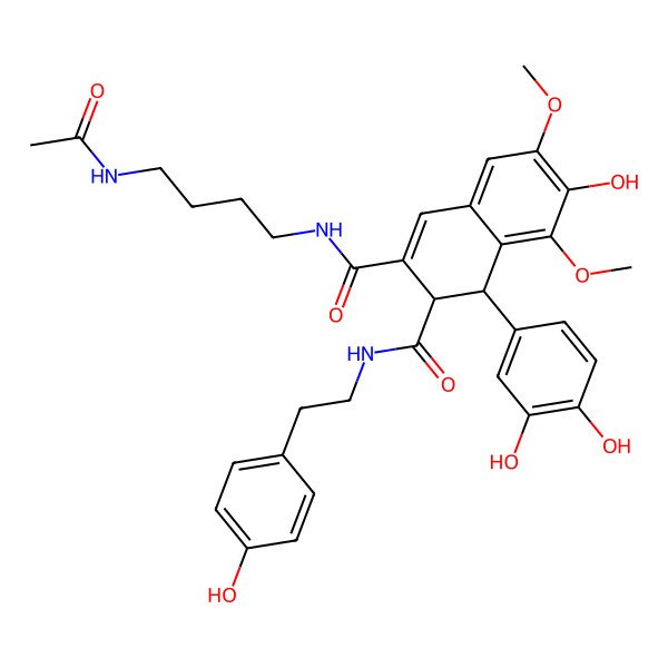 2D Structure of (1S,2R)-3-N-(4-acetamidobutyl)-1-(3,4-dihydroxyphenyl)-7-hydroxy-2-N-[2-(4-hydroxyphenyl)ethyl]-6,8-dimethoxy-1,2-dihydronaphthalene-2,3-dicarboxamide