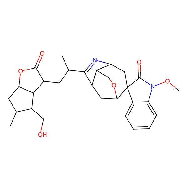 2D Structure of 6-[1-[4-(Hydroxymethyl)-5-methyl-2-oxo-3,3a,4,5,6,6a-hexahydrocyclopenta[b]furan-3-yl]propan-2-yl]-1'-methoxyspiro[10-oxa-5-azatricyclo[5.3.1.04,8]undec-5-ene-2,3'-indole]-2'-one
