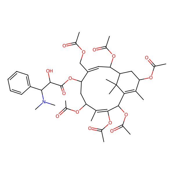 2D Structure of [(1R,2S,5S,7S,8Z,10R,13S)-2,7,9,10,13-pentaacetyloxy-4-(acetyloxymethyl)-8,12,15,15-tetramethyl-5-bicyclo[9.3.1]pentadeca-3,8,11-trienyl] 3-(dimethylamino)-2-hydroxy-3-phenylpropanoate