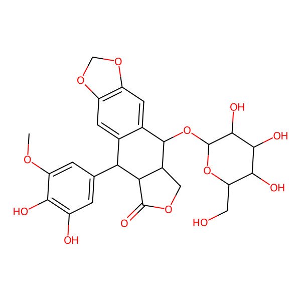 2D Structure of (5R,5aR,8aR,9R)-9-(3,4-dihydroxy-5-methoxyphenyl)-5-[(2R,3R,4S,5S,6R)-3,4,5-trihydroxy-6-(hydroxymethyl)oxan-2-yl]oxy-5a,6,8a,9-tetrahydro-5H-[2]benzofuro[6,5-f][1,3]benzodioxol-8-one