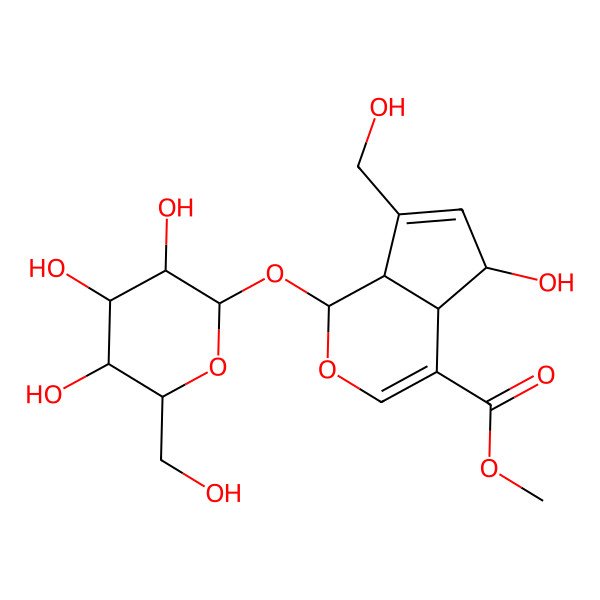 2D Structure of 7-(Hydroxymethyl)-1-(beta-D-glucopyranosyloxy)-1,4a,5,7a-tetrahydro-5beta-hydroxycyclopenta[c]pyran-4-carboxylic acid methyl ester