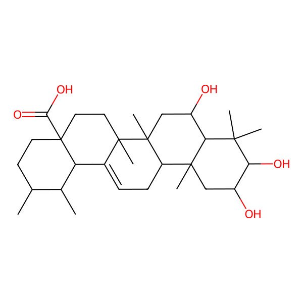 2D Structure of (1S,4aS,6bR,8R,10R,12aR,14bS)-8,10,11-trihydroxy-1,2,6a,6b,9,9,12a-heptamethyl-2,3,4,5,6,6a,7,8,8a,10,11,12,13,14b-tetradecahydro-1H-picene-4a-carboxylic acid 2D Structure of (1S,4aS,6bR,8R,10R,12aR,14bS)-8,10,11-trihydroxy-1,2,6a,6b,9,9,12a-heptamethyl-2,3,4,5,6,6a,7,8,8a,10,11,12,13,14b-tetradecahydro-1H-picene-4a-carboxylic acid