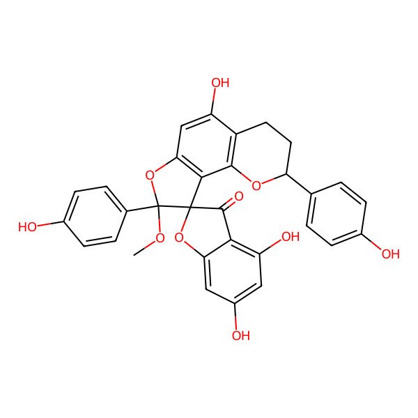 2D Structure of (2S,2'R)-2'beta,8'alpha-Bis(4-hydroxyphenyl)-4,5',6-trihydroxy-8'-methoxy-3',4'-dihydrospiro[benzofuran-2(3H),9'(8'H)-[2H]furo[2,3-h][1]benzopyran]-3-one