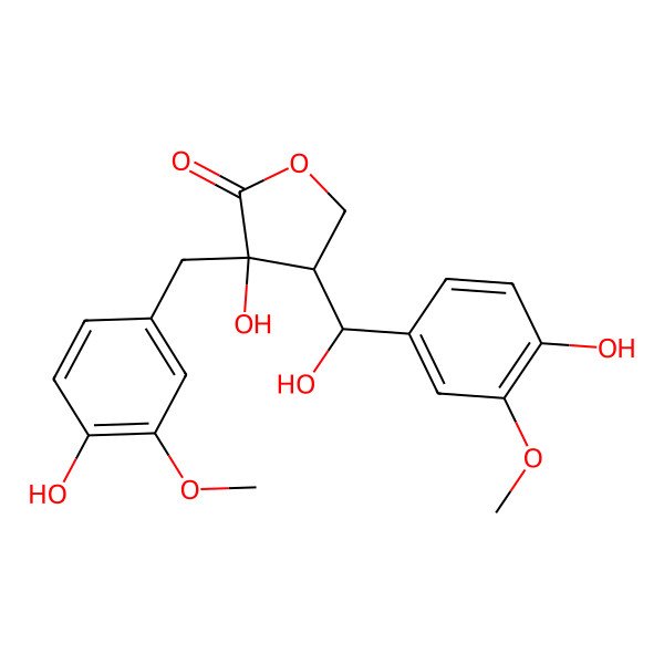 2D Structure of (3S)-3beta-Hydroxy-3-(3-methoxy-4-hydroxybenzyl)-4beta-[(alphaR)-alpha,4-dihydroxy-3-methoxybenzyl]tetrahydrofuran-2-one