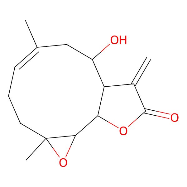 2D Structure of (1S,2S,4R,7E,10S,11R)-10-hydroxy-4,8-dimethyl-12-methylidene-3,14-dioxatricyclo[9.3.0.02,4]tetradec-7-en-13-one