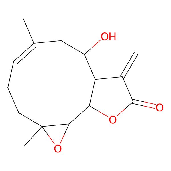 2D Structure of (1S,2S,4R,7E,10S,11R)-10-hydroxy-4,8-dimethyl-12-methylidene-3,14-dioxatricyclo[9.3.0.02,4]tetradec-7-en-13-one