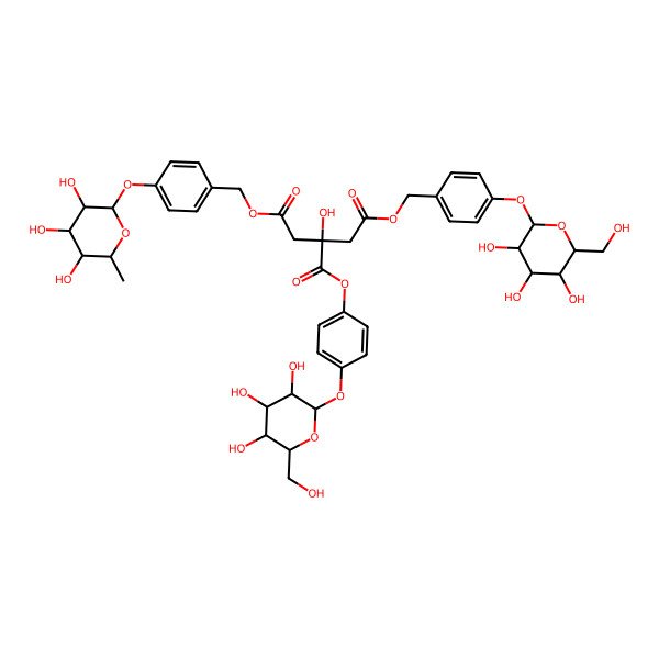 2D Structure of 2-O-[4-[(2R,3R,4S,5S,6R)-3,4,5-trihydroxy-6-(hydroxymethyl)oxan-2-yl]oxyphenyl] 1-O-[[4-[(2S,3R,4S,5S,6R)-3,4,5-trihydroxy-6-(hydroxymethyl)oxan-2-yl]oxyphenyl]methyl] 3-O-[[4-[(2S,3R,4S,5S,6R)-3,4,5-trihydroxy-6-methyloxan-2-yl]oxyphenyl]methyl] 2-hydroxypropane-1,2,3-tricarboxylate