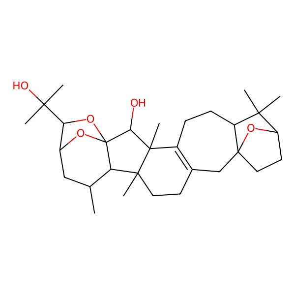 2D Structure of (1S,2R,3R,7S,9S,12S,17R,18R,19R)-22-(2-hydroxypropan-2-yl)-3,8,8,17,19-pentamethyl-23,24,25-trioxaheptacyclo[19.2.1.19,12.01,18.03,17.04,14.07,12]pentacos-4(14)-en-2-ol
