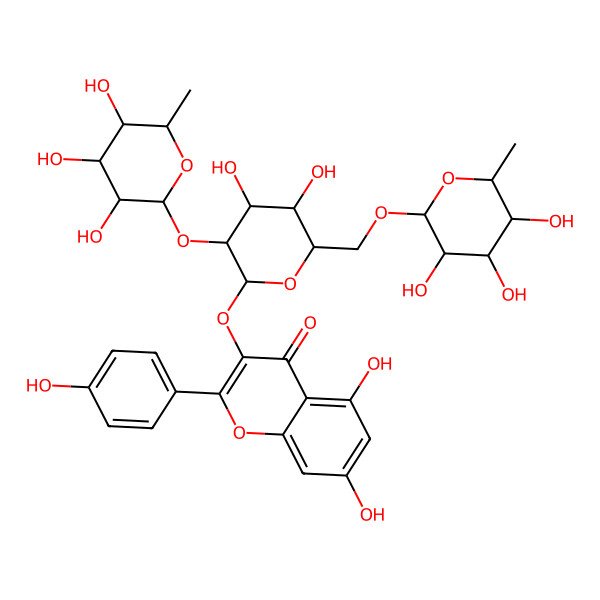 2D Structure of 3-[(2S,3R,4S,5R,6R)-4,5-Dihydroxy-3-[(2R,3R,4R,5R,6S)-3,4,5-trihydroxy-6-methyloxan-2-yl]oxy-6-[[(2R,3R,4R,5R,6S)-3,4,5-trihydroxy-6-methyloxan-2-yl]oxymethyl]oxan-2-yl]oxy-5,7-dihydroxy-2-(4-hydroxyphenyl)chromen-4-one