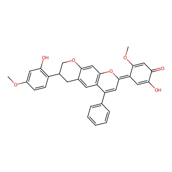 2D Structure of (4Z)-2-hydroxy-4-[(7R)-7-(2-hydroxy-4-methoxyphenyl)-4-phenyl-7,8-dihydro-6H-pyrano[3,2-g]chromen-2-ylidene]-5-methoxycyclohexa-2,5-dien-1-one