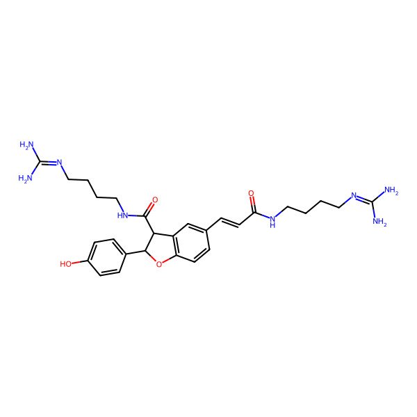 2D Structure of (2R,3R)-N-[4-(diaminomethylideneamino)butyl]-5-[(E)-3-[4-(diaminomethylideneamino)butylamino]-3-oxoprop-1-enyl]-2-(4-hydroxyphenyl)-2,3-dihydro-1-benzofuran-3-carboxamide