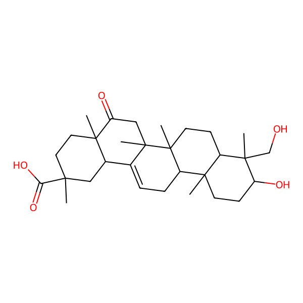 2D Structure of (2R,4aS,6aR,6aS,6bR,8aR,9S,10S,12aR,14bS)-10-hydroxy-9-(hydroxymethyl)-2,4a,6a,6b,9,12a-hexamethyl-5-oxo-3,4,6,6a,7,8,8a,10,11,12,13,14b-dodecahydro-1H-picene-2-carboxylic acid