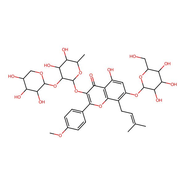 2D Structure of 3-[(2S,4S,5R)-4,5-dihydroxy-6-methyl-3-[(2S,5R)-3,4,5-trihydroxyoxan-2-yl]oxyoxan-2-yl]oxy-5-hydroxy-2-(4-methoxyphenyl)-8-(3-methylbut-2-enyl)-7-[(2S,4S,5S)-3,4,5-trihydroxy-6-(hydroxymethyl)oxan-2-yl]oxychromen-4-one