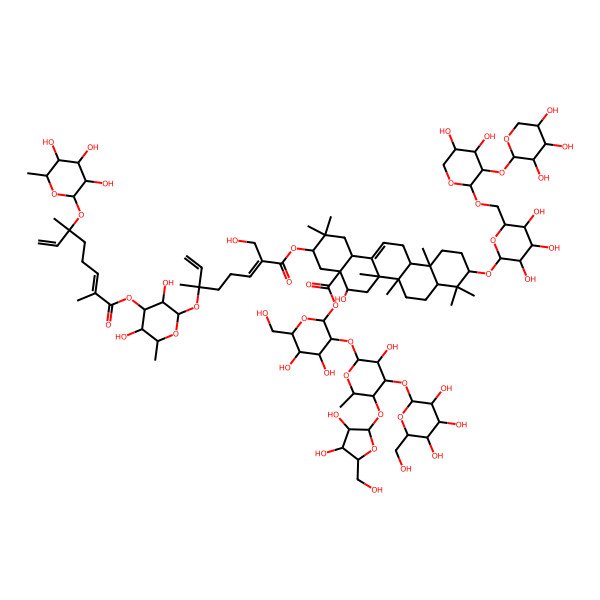 2D Structure of [(2S,3R,4S,5S,6R)-3-[(2S,3R,4S,5S,6S)-5-[(2S,3R,4R,5S)-3,4-dihydroxy-5-(hydroxymethyl)oxolan-2-yl]oxy-3-hydroxy-6-methyl-4-[(2S,3R,4S,5S,6R)-3,4,5-trihydroxy-6-(hydroxymethyl)oxan-2-yl]oxyoxan-2-yl]oxy-4,5-dihydroxy-6-(hydroxymethyl)oxan-2-yl] (3S,4aR,5R,6aR,6aS,6bR,8aR,10S,12aR,14bS)-10-[(2R,3R,4S,5S,6R)-6-[[(2S,3R,4S,5S)-4,5-dihydroxy-3-[(2S,3R,4S,5R)-3,4,5-trihydroxyoxan-2-yl]oxyoxan-2-yl]oxymethyl]-3,4,5-trihydroxyoxan-2-yl]oxy-3-[(2E,6S)-6-[(2S,3R,4S,5R,6R)-4-[(2E,6R)-2,6-dimethyl-6-[(2S,3R,4S,5S,6R)-3,4,5-trihydroxy-6-methyloxan-2-yl]oxyocta-2,7-dienoyl]oxy-3,5-dihydroxy-6-methyloxan-2-yl]oxy-2-(hydroxymethyl)-6-methylocta-2,7-dienoyl]oxy-5-hydroxy-2,2,6a,6b,9,9,12a-heptamethyl-1,3,4,5,6,6a,7,8,8a,10,11,12,13,14b-tetradecahydropicene-4a-carboxylate