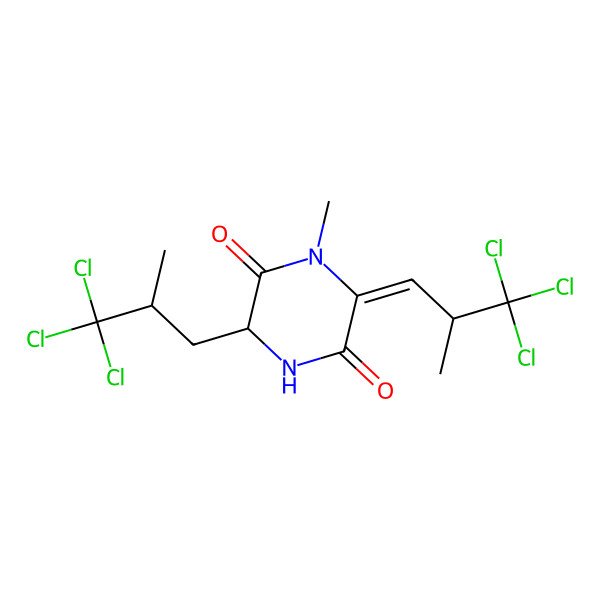 2D Structure of (3S,6E)-1-methyl-3-[(2S)-3,3,3-trichloro-2-methylpropyl]-6-[(2S)-3,3,3-trichloro-2-methylpropylidene]piperazine-2,5-dione
