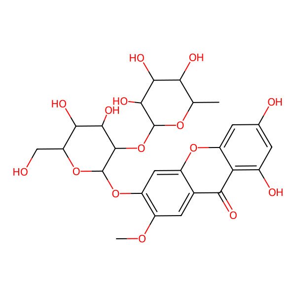 2D Structure of 6-[(2S,3R,4S,5S,6R)-4,5-dihydroxy-6-(hydroxymethyl)-3-[(2S,3R,4R,5R,6S)-3,4,5-trihydroxy-6-methyloxan-2-yl]oxyoxan-2-yl]oxy-1,3-dihydroxy-7-methoxyxanthen-9-one