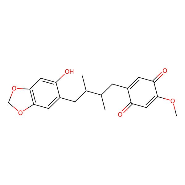 2D Structure of 2-[(2S,3R)-4-(6-hydroxy-1,3-benzodioxol-5-yl)-2,3-dimethylbutyl]-5-methoxycyclohexa-2,5-diene-1,4-dione