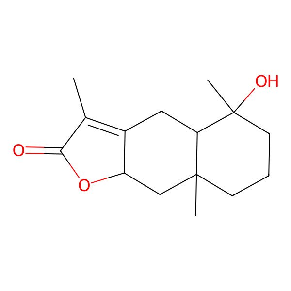 2D Structure of 5alpha-Hydroxy-3,5beta,8abeta-trimethyl-2,4,4aalpha,5,6,7,8,8a,9,9aalpha-decahydronaphtho[2,3-b]furan-2-one