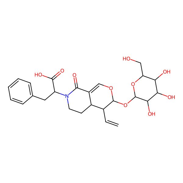 2D Structure of (2S)-2-[(3S,4R,4aS)-4-ethenyl-8-oxo-3-[(2S,3R,4S,5S,6R)-3,4,5-trihydroxy-6-(hydroxymethyl)oxan-2-yl]oxy-4,4a,5,6-tetrahydro-3H-pyrano[3,4-c]pyridin-7-yl]-3-phenylpropanoic acid