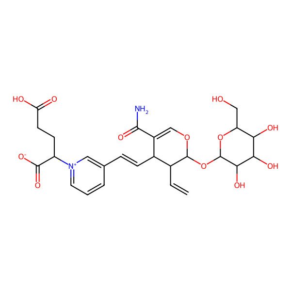2D Structure of (2S)-2-[3-[(E)-2-[(2S,3R,4S)-5-carbamoyl-3-ethenyl-2-[(2S,3R,4S,5S,6R)-3,4,5-trihydroxy-6-(hydroxymethyl)oxan-2-yl]oxy-3,4-dihydro-2H-pyran-4-yl]ethenyl]pyridin-1-ium-1-yl]-5-hydroxy-5-oxopentanoate