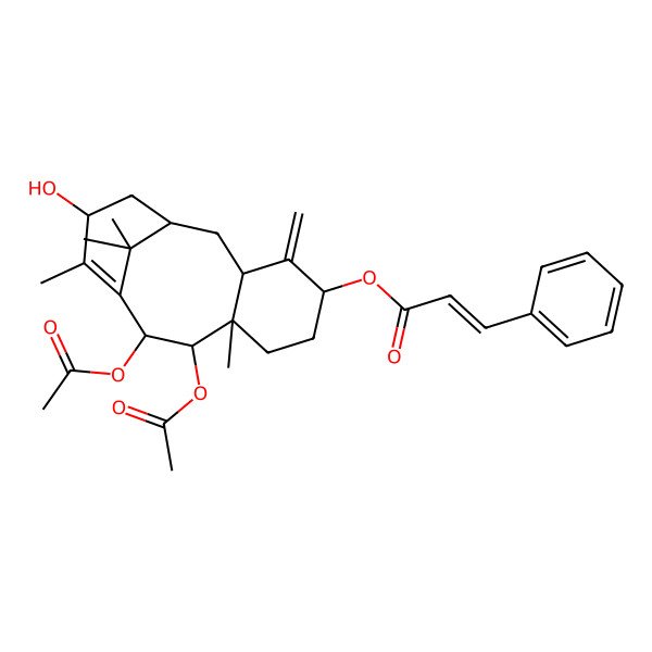 2D Structure of [(1R,3R,5S,8R,9R,10R,13S)-9,10-diacetyloxy-13-hydroxy-8,12,15,15-tetramethyl-4-methylidene-5-tricyclo[9.3.1.03,8]pentadec-11-enyl] (E)-3-phenylprop-2-enoate