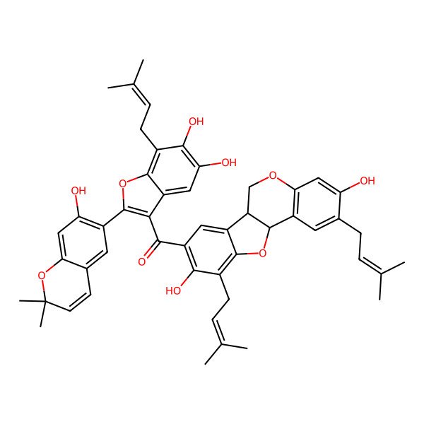 2D Structure of [(6aR,11aR)-3,9-dihydroxy-2,10-bis(3-methylbut-2-enyl)-6a,11a-dihydro-6H-[1]benzofuro[3,2-c]chromen-8-yl]-[5,6-dihydroxy-2-(7-hydroxy-2,2-dimethylchromen-6-yl)-7-(3-methylbut-2-enyl)-1-benzofuran-3-yl]methanone